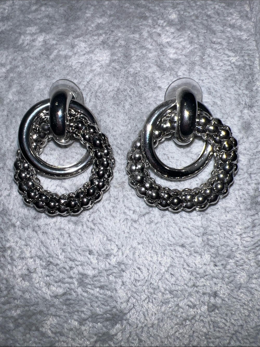 Textured Double Ring Silver Drop Earrings